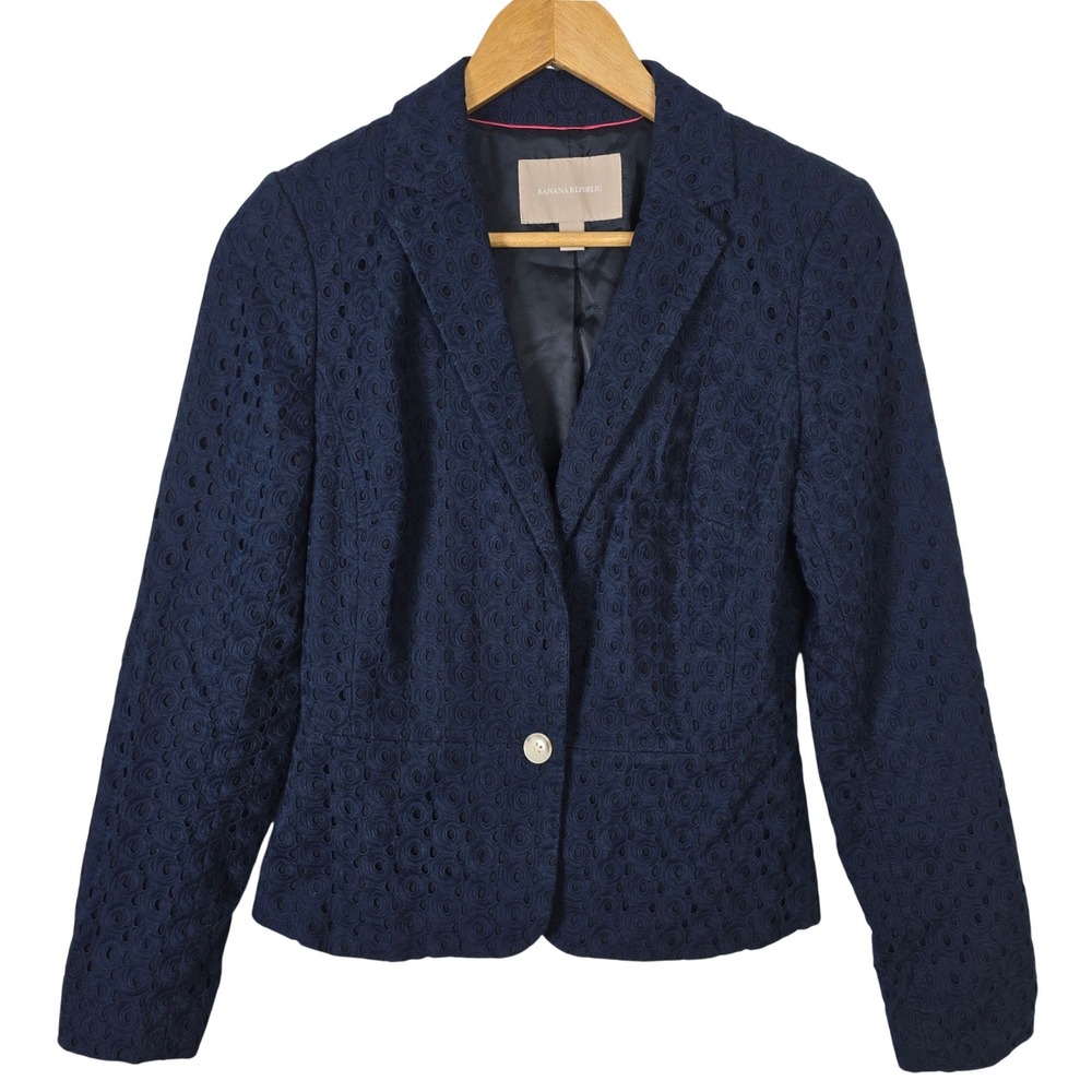 Banana Republic Womens Navy Blue Cotton Eyelet Blazer Jacket Size 6